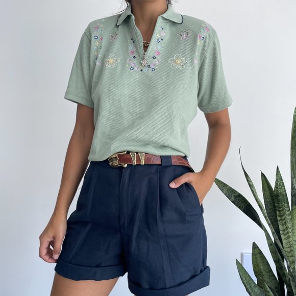 Vintage Cotton Blend floral embroidered polo golf top - Picture 2 of 9